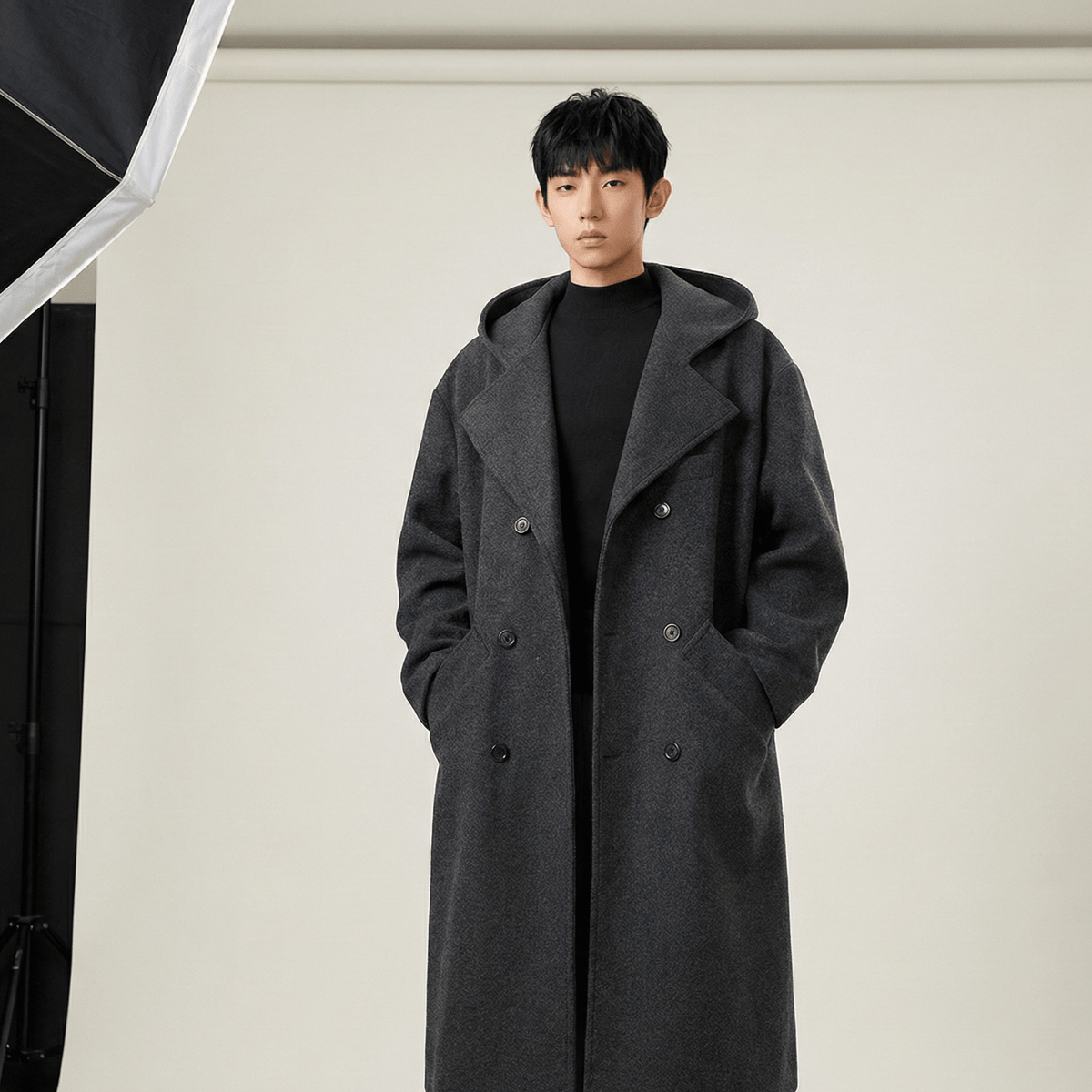 Men's Hooded Double-Breasted Trench Coat