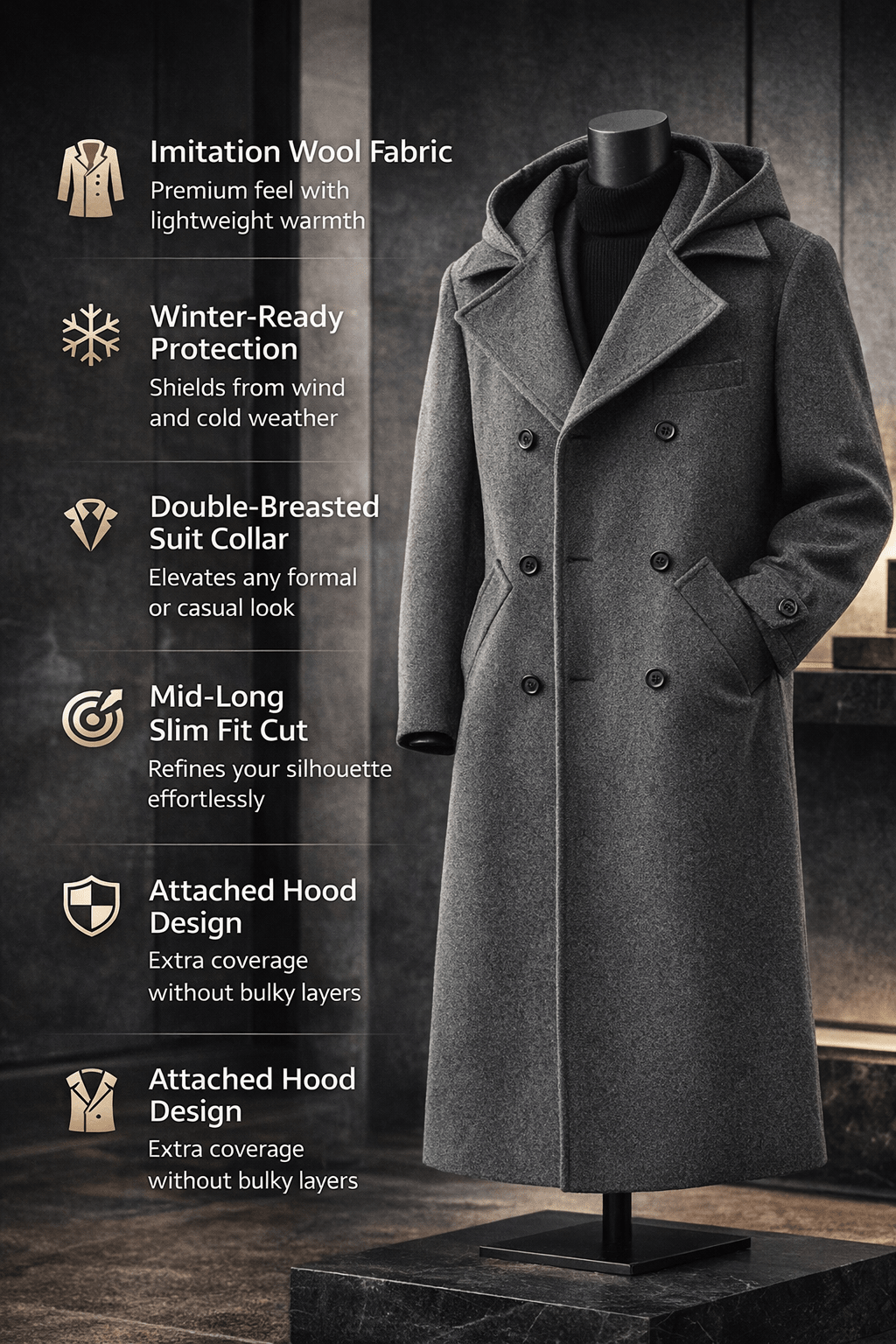 Men's Hooded Double-Breasted Trench Coat