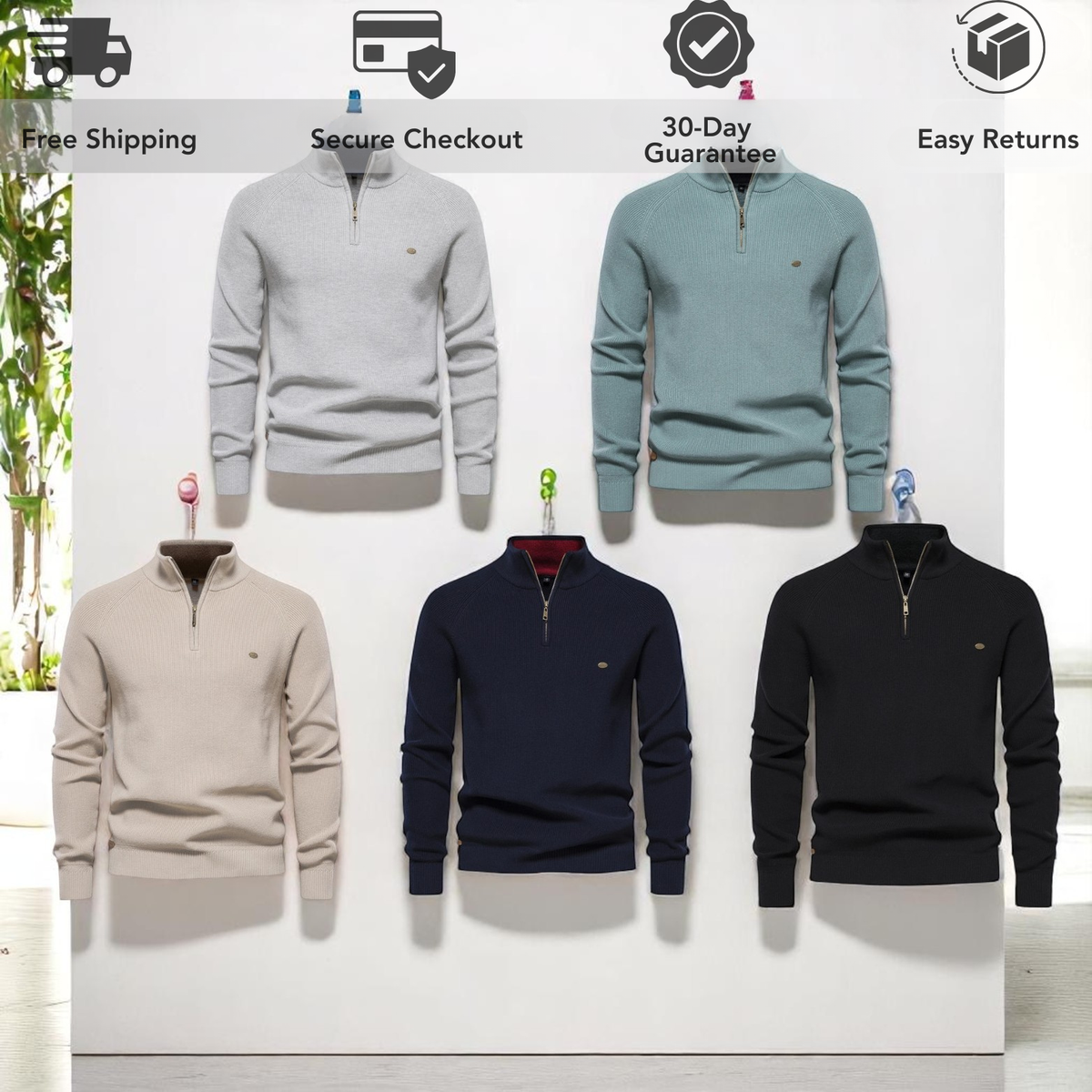 Men's High-Neck Full-Zip Cotton Cardigan
