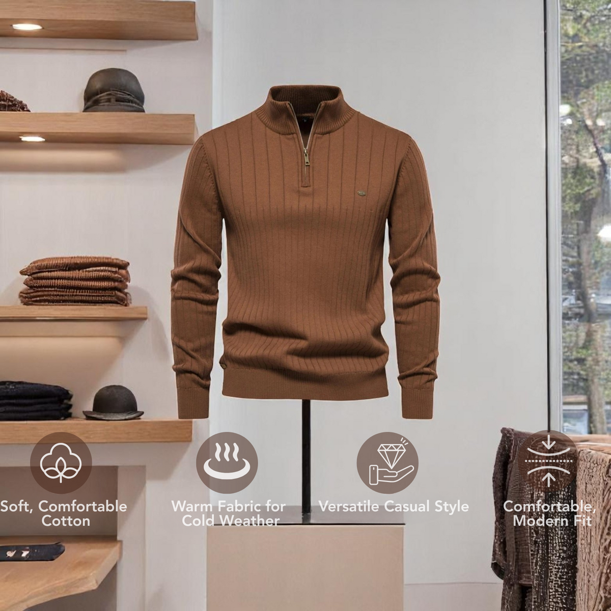 Men's Quarter-Zip High-Collar Knit Sweater