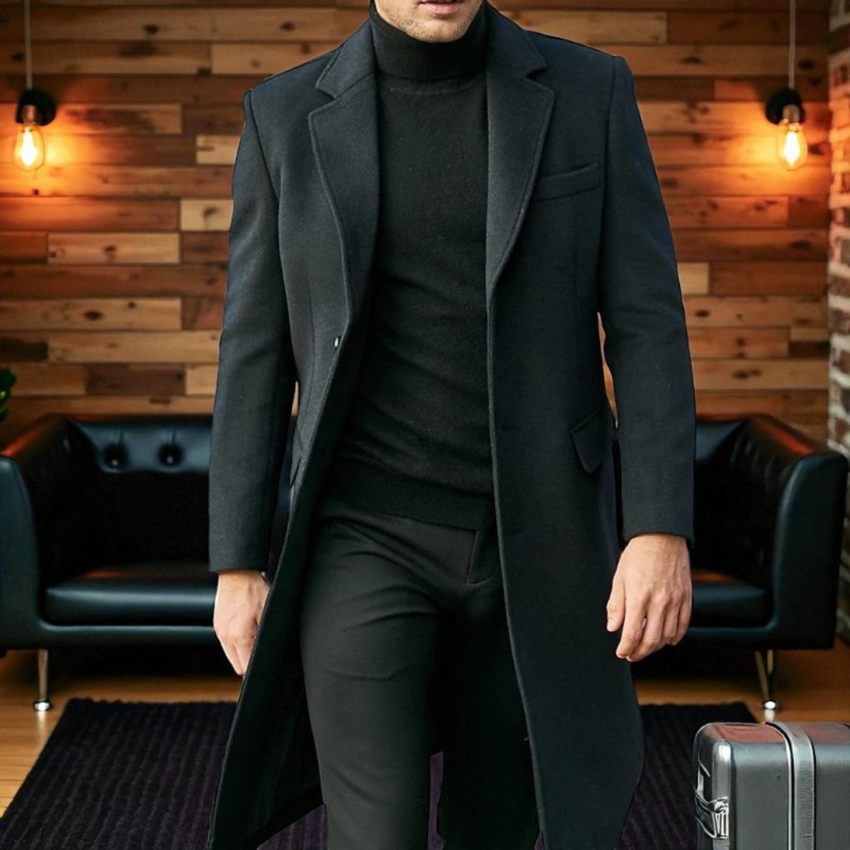 Men's Slim-Fit Long Winter Coat with Fur Collar