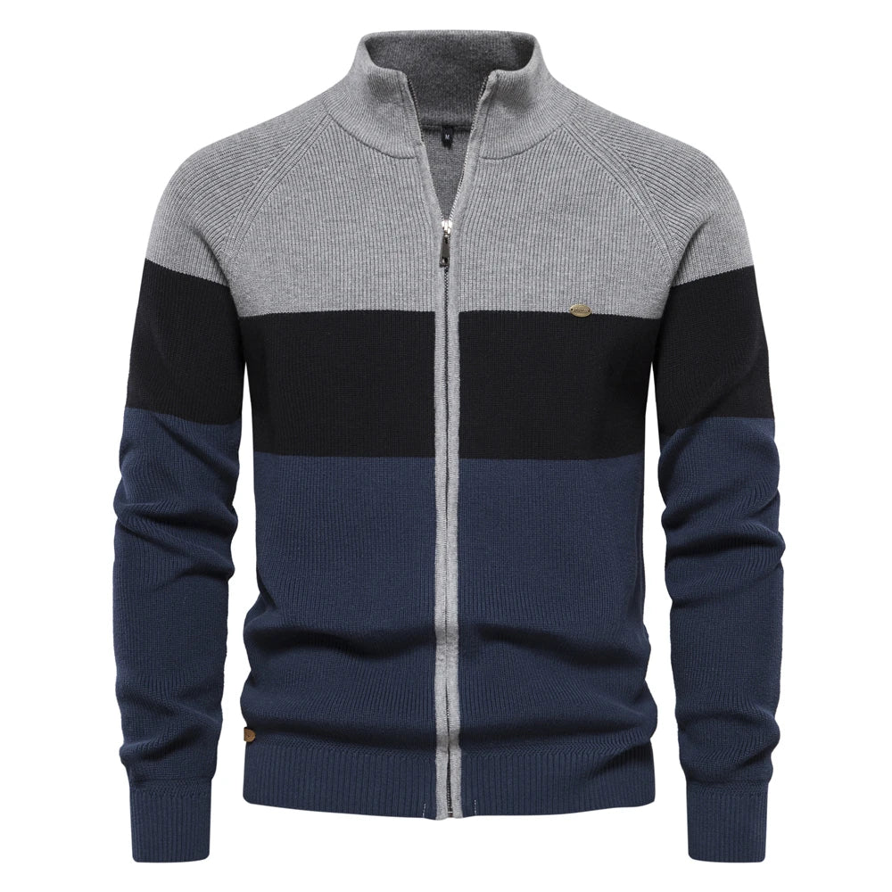 Patchwork Zip Sweater – Men's Cotton Blend Knit Cardigan