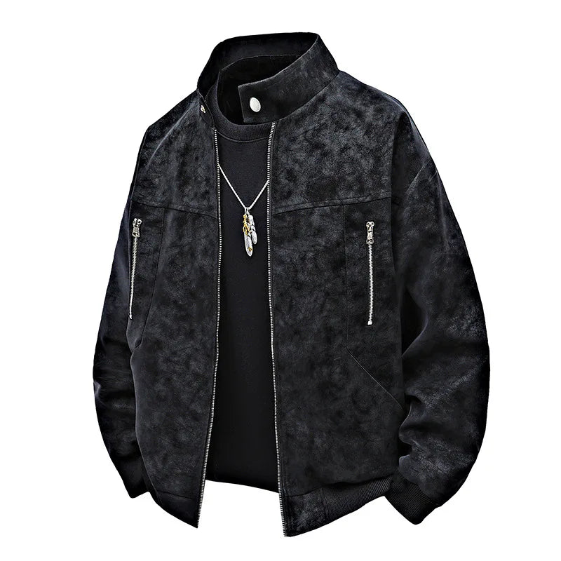 Men's Tie-Dye PU Leather Stand Collar Jacket