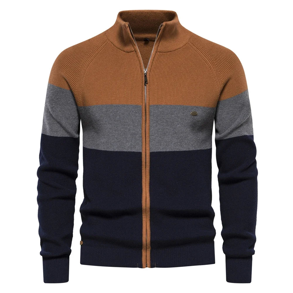 Patchwork Zip Sweater – Men's Cotton Blend Knit Cardigan