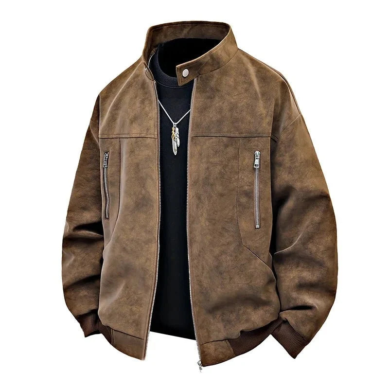 Men's Tie-Dye PU Leather Stand Collar Jacket
