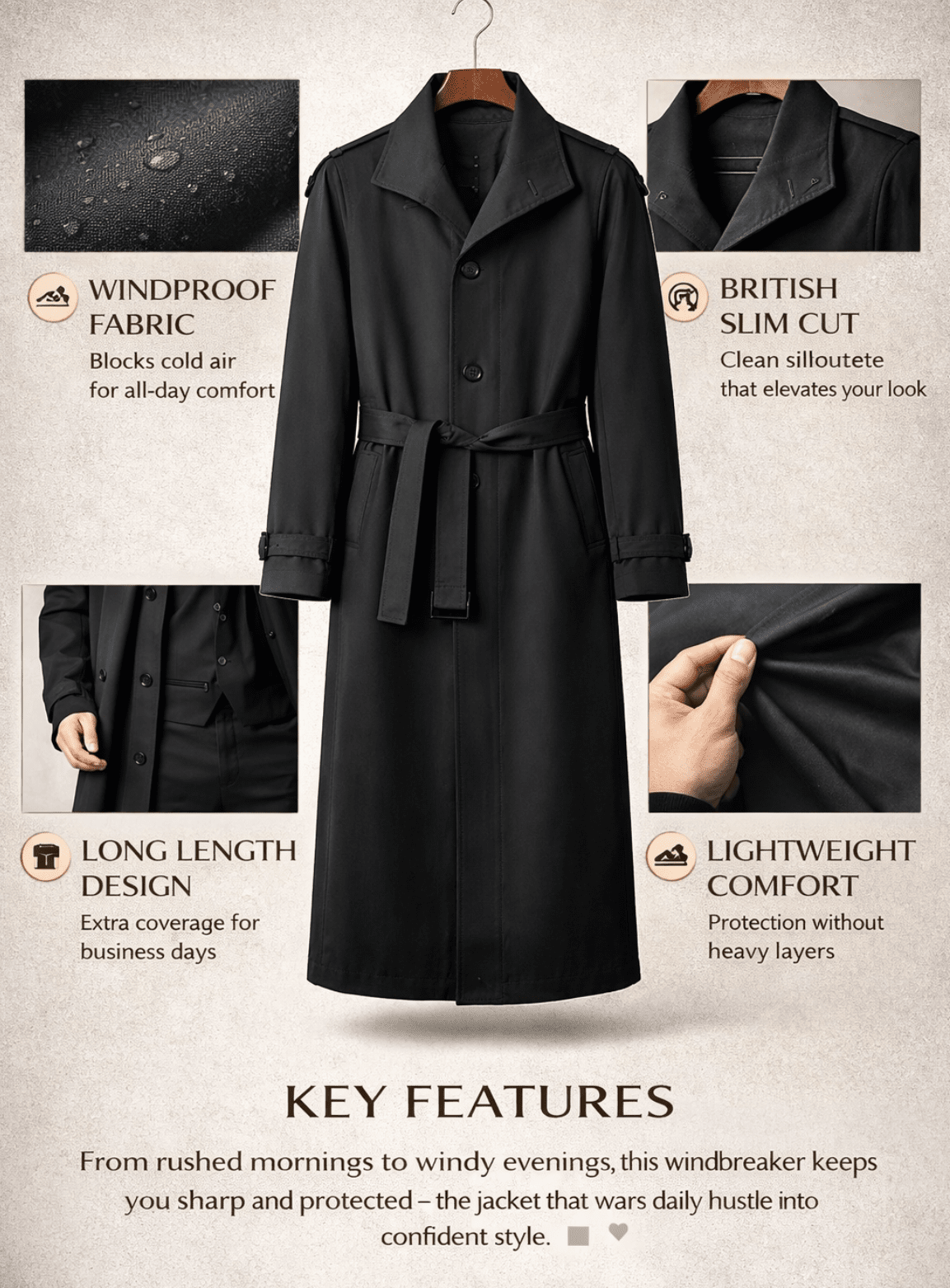 Men's Slim-Fit Windbreaker Long Coat