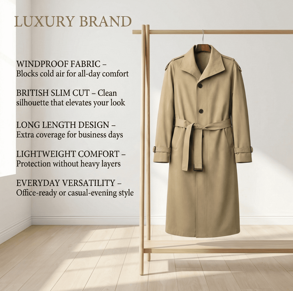 Men's Slim-Fit Windbreaker Long Coat