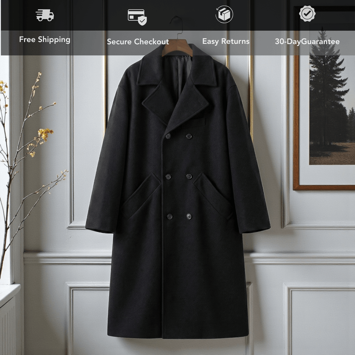 Men's Hooded Double-Breasted Trench Coat