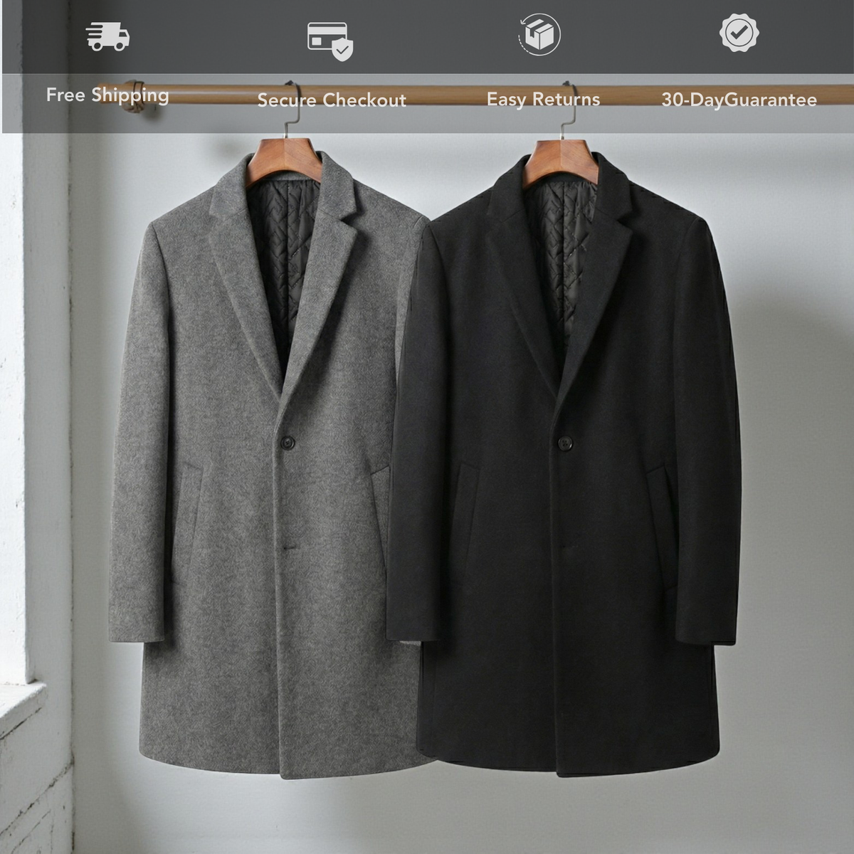 Men's Solid Long Wool-Blend Overcoat