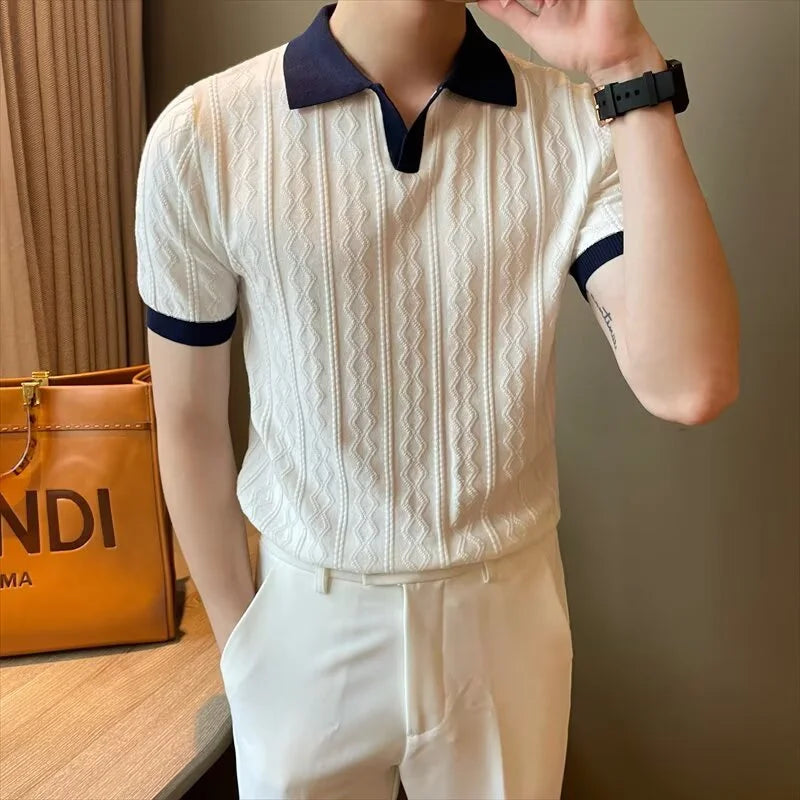 Men's Knitted Patchwork Polo Shirt