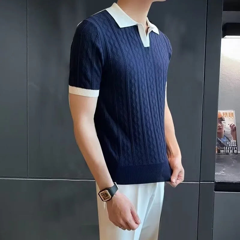 Men's Knitted Patchwork Polo Shirt