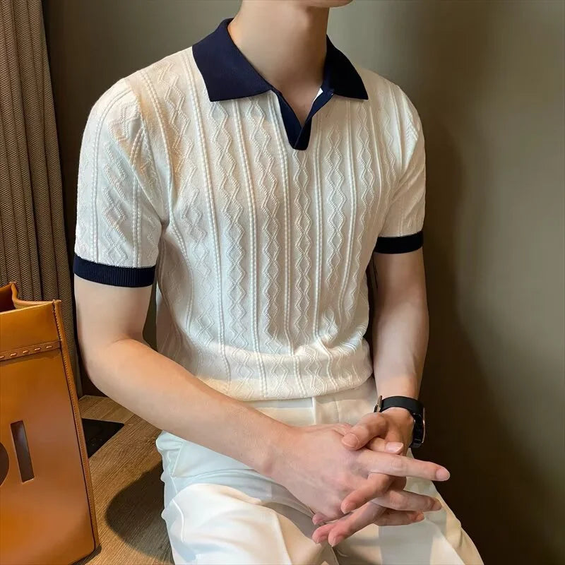 Men's Knitted Patchwork Polo Shirt